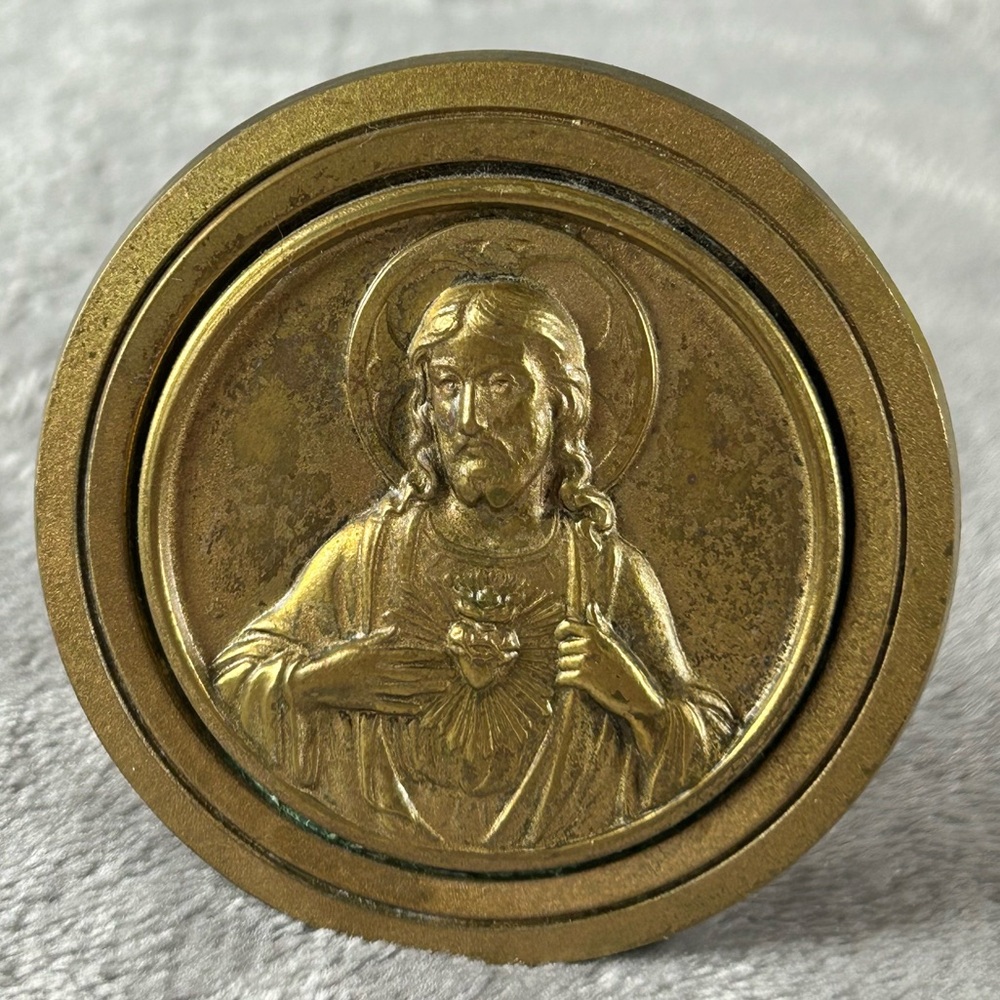 Antique Brass Religious Icon‎ Jesus Sacred Heart Small Plaque W/ Easel Back